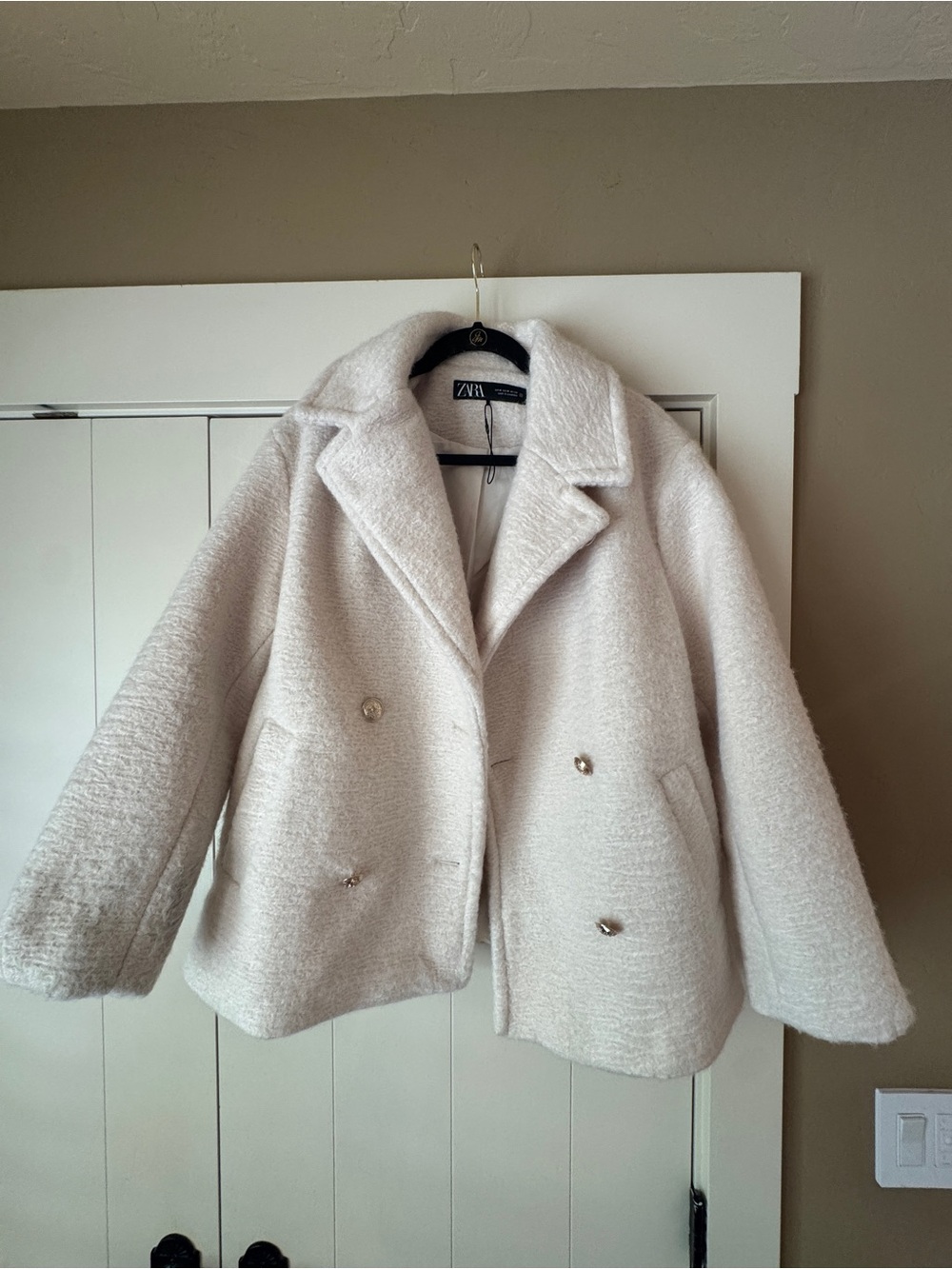 Zara Off-White Bouclé Double-Breasted Pea Coat